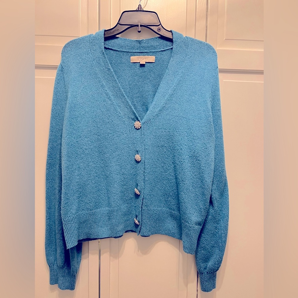 Loft Light Blue Sparkle Button Sweater Cardigan Medium